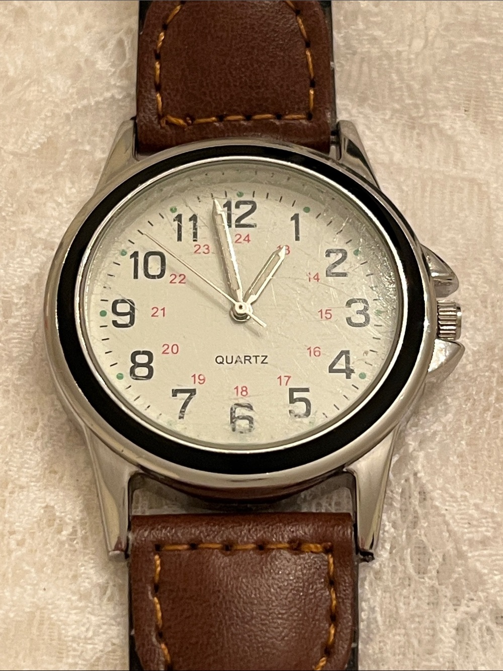 Men's Brown Simulated Leather Strap Quartz Watch - Brown/White